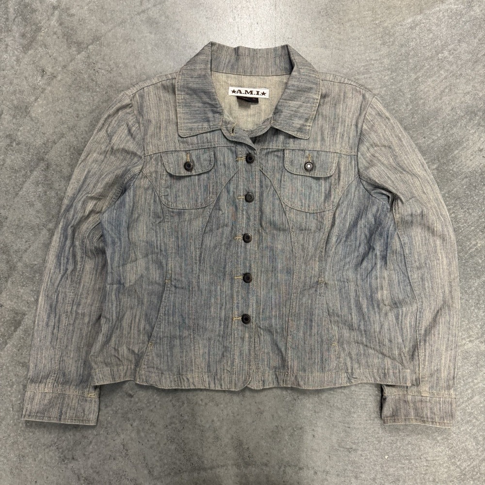 A.M.I. Women's XL Gray Striped Denim-Style Button Front Utility Jacket